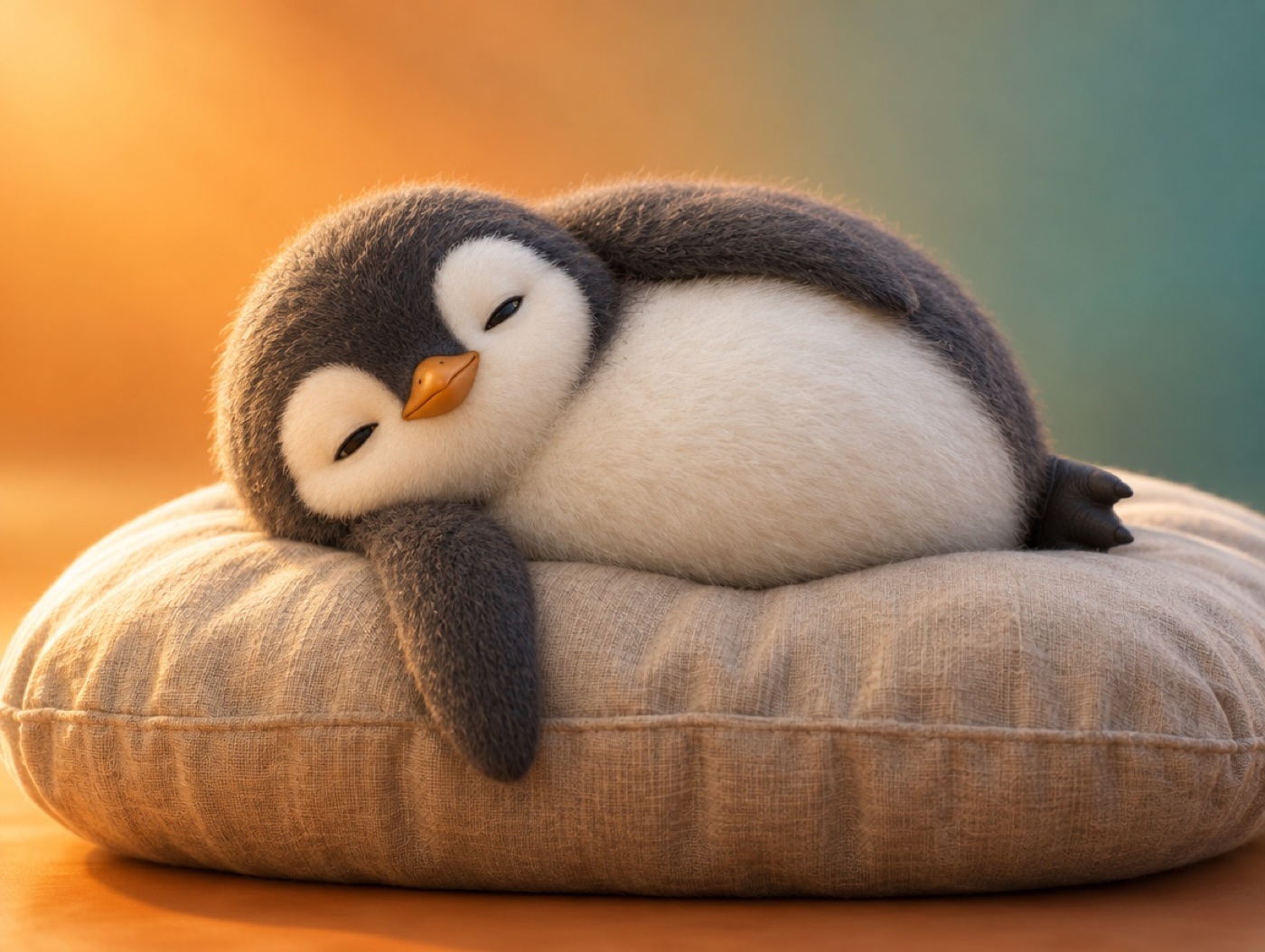 A chubby round penguin in brushed mohair lazily lying on a big soft floor cushion