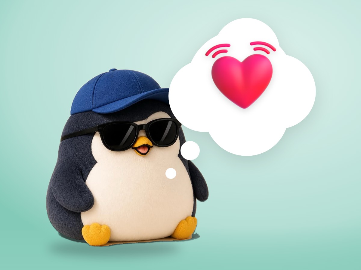A chubby felted wool penguin calmly resting one flipper on its chest beside a ceramic bowl of water with one soft ripple