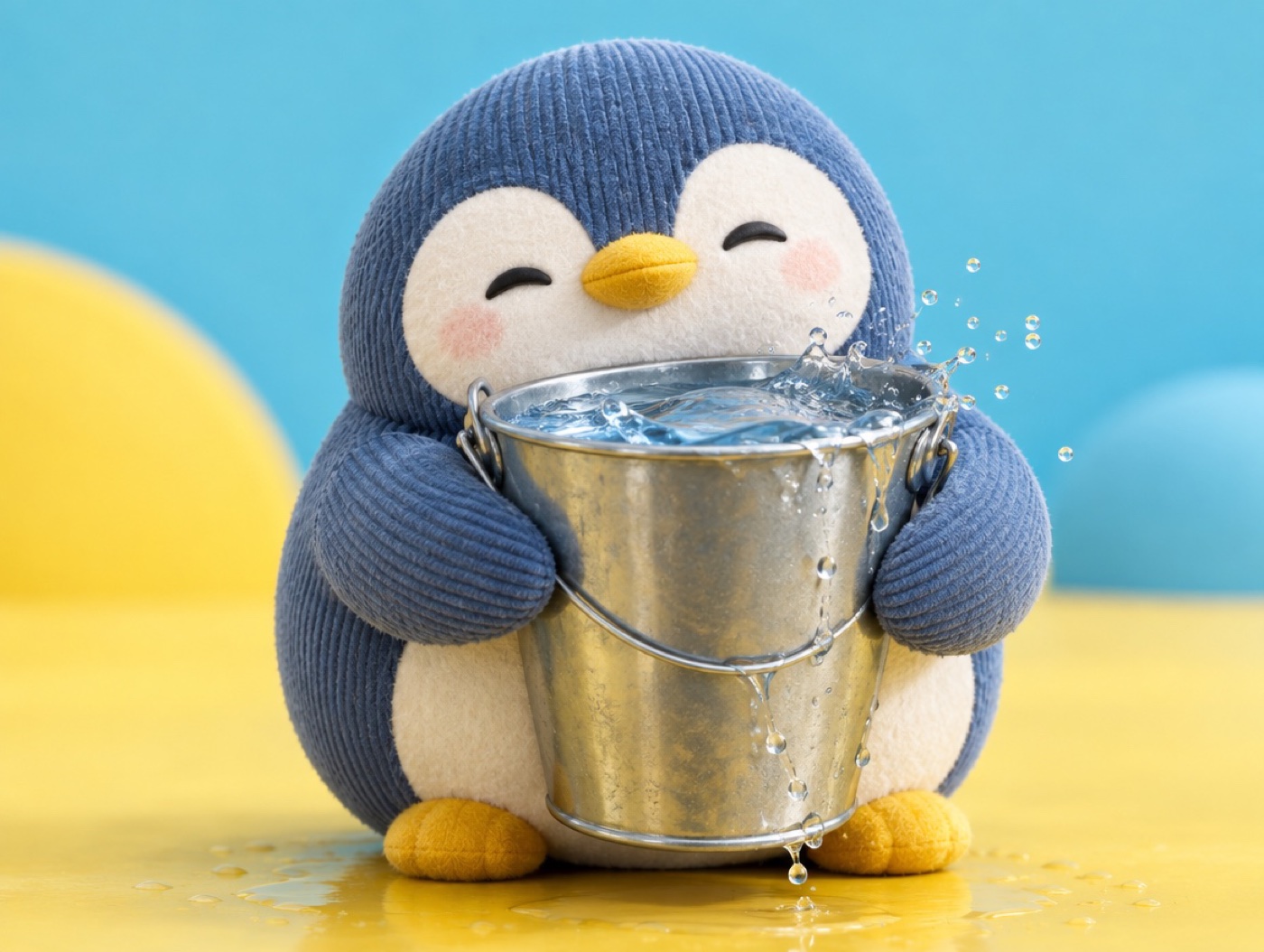 A chubby corduroy and felt plush penguin hugging a metal bucket full of clear water that is splashing over the edge
