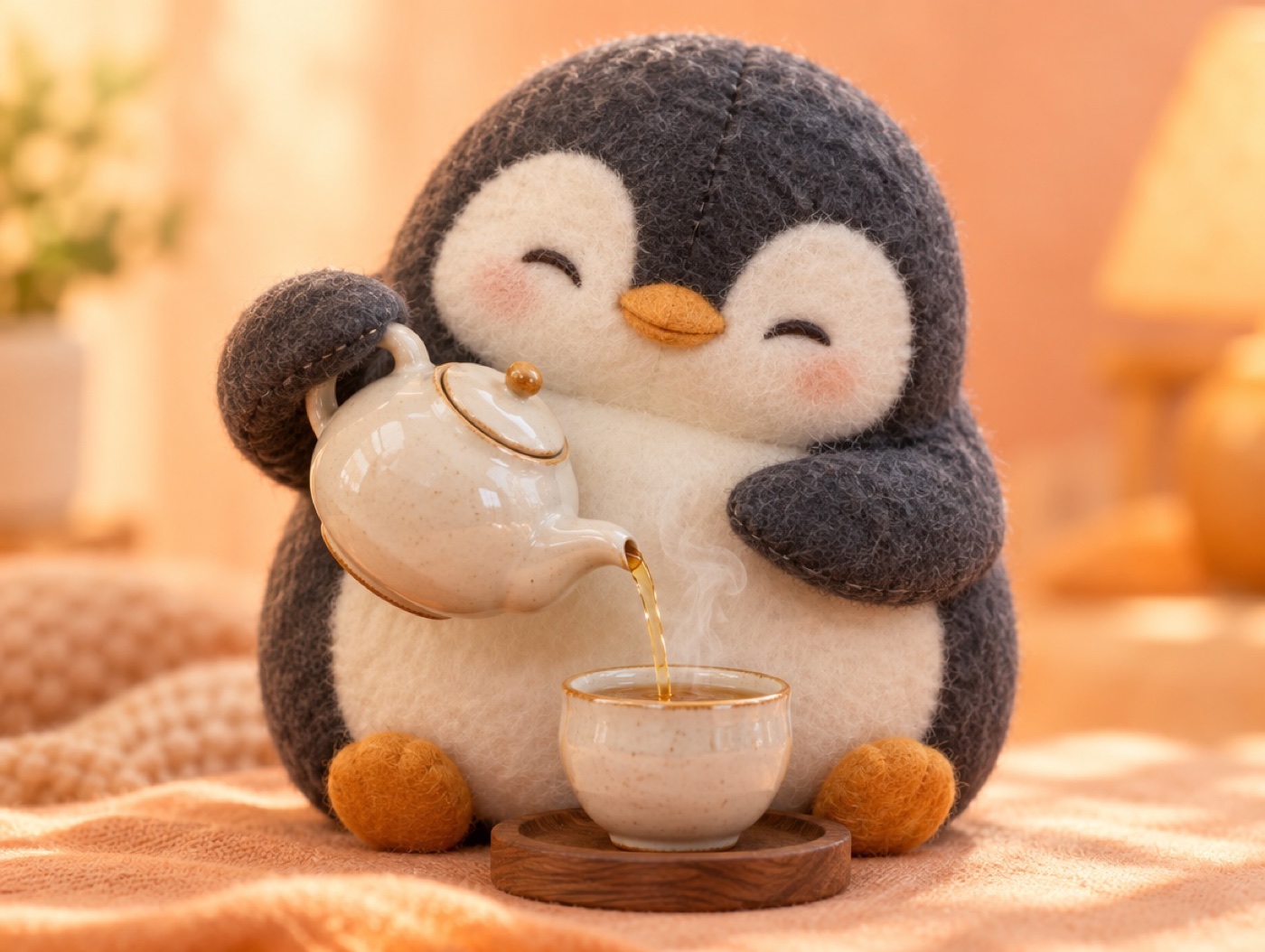 A hand-embroidered felt penguin pouring tea from a realistic ceramic teapot into its own cup
