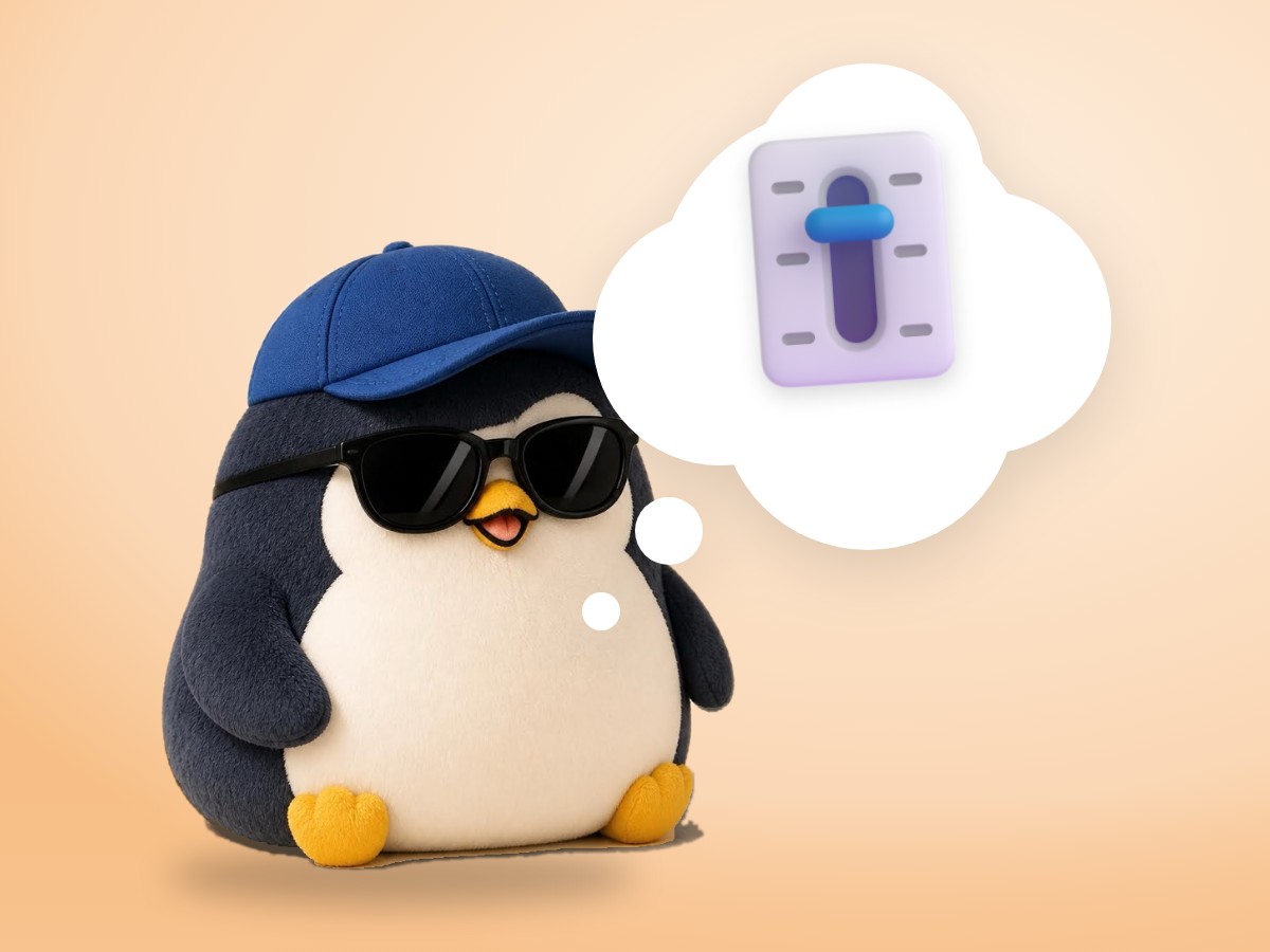 A chubby low-poly wood and paper penguin pulling a small realistic brass lever switch on a wooden base