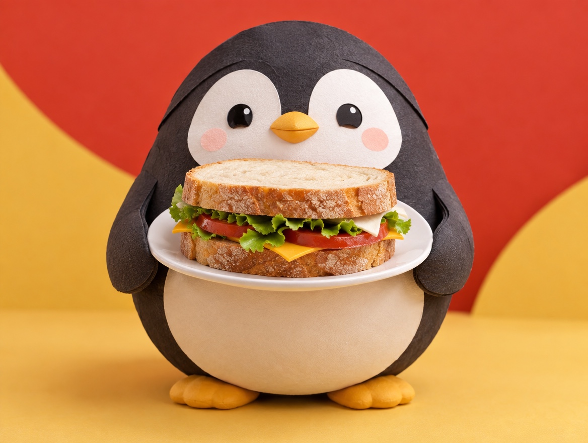 A chubby cut-paper penguin proudly holding a big sandwich on a plate