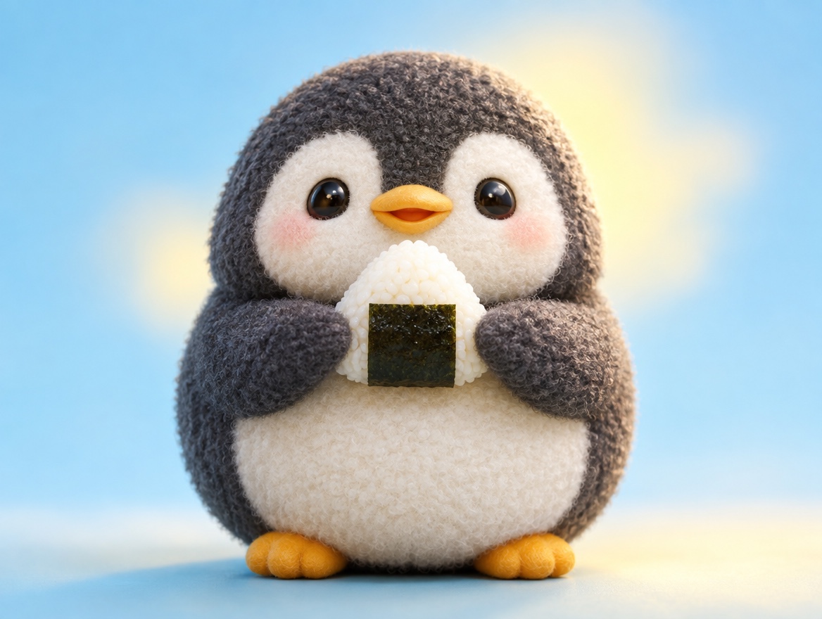 A chubby boucle wool penguin happily holding a real rice ball wrapped in seaweed