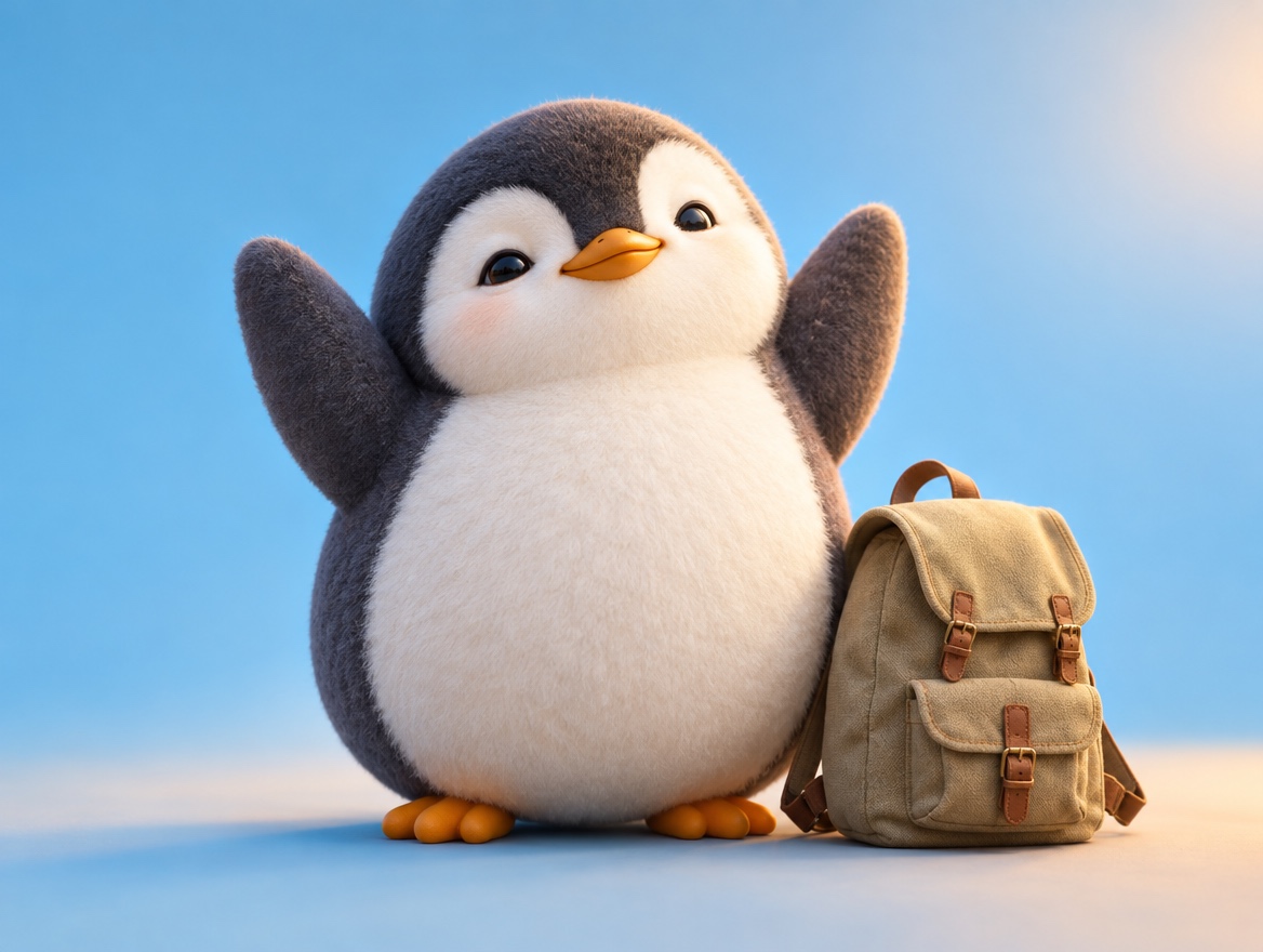 A cute boucle wool penguin stretching happily next to a real small canvas backpack set down on the ground