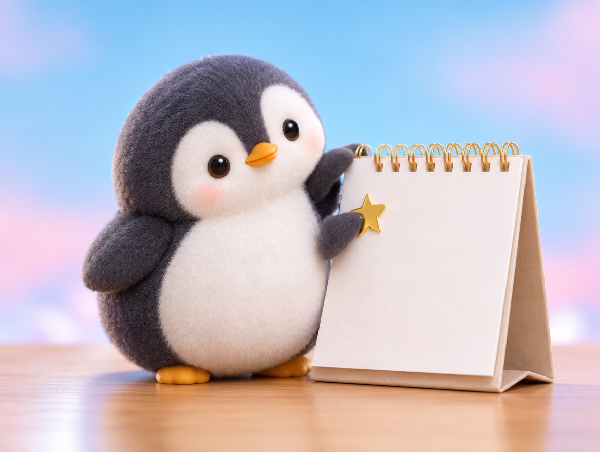 A chubby chenille yarn penguin sticking a star sticker on a realistic paper desk calendar