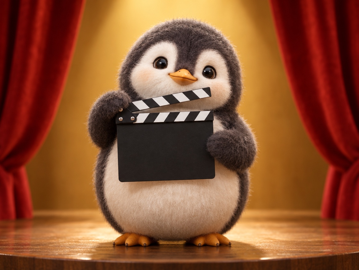 A brushed mohair penguin holding a realistic blank film clapperboard on a small stage
