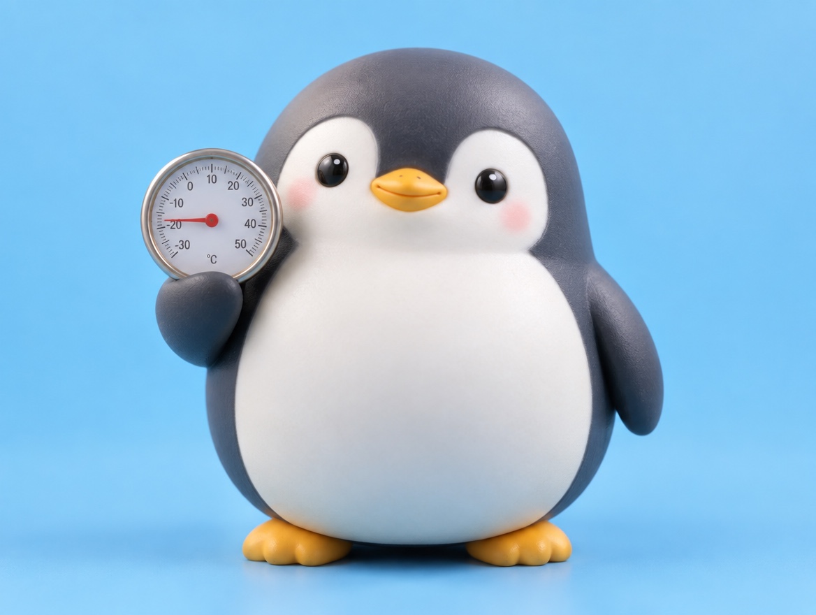 A chubby matte plastic model kit penguin holding up a real analog thermometer with a calm face