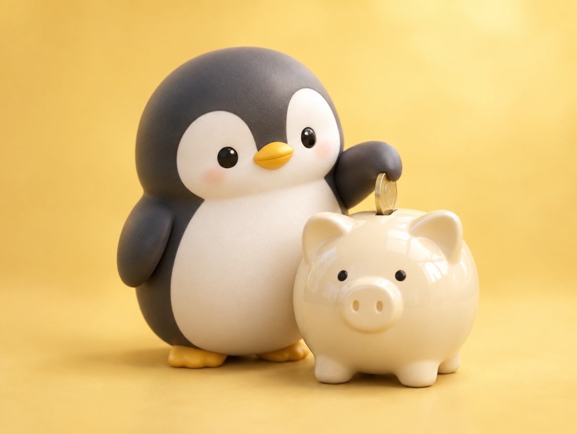 A chubby matte plastic model kit penguin dropping a coin into a ceramic piggy bank on a sunny yellow background