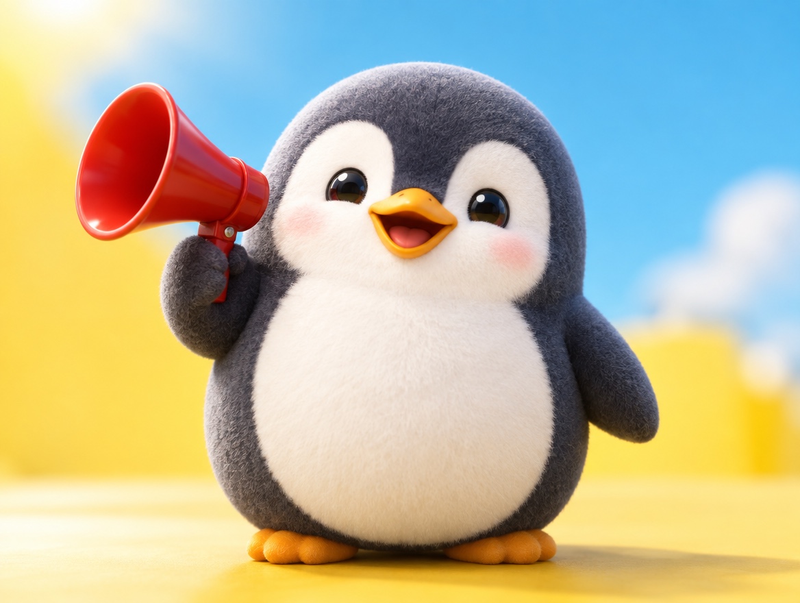 A chenille yarn penguin cheerfully holding a small realistic red megaphone in the morning sun
