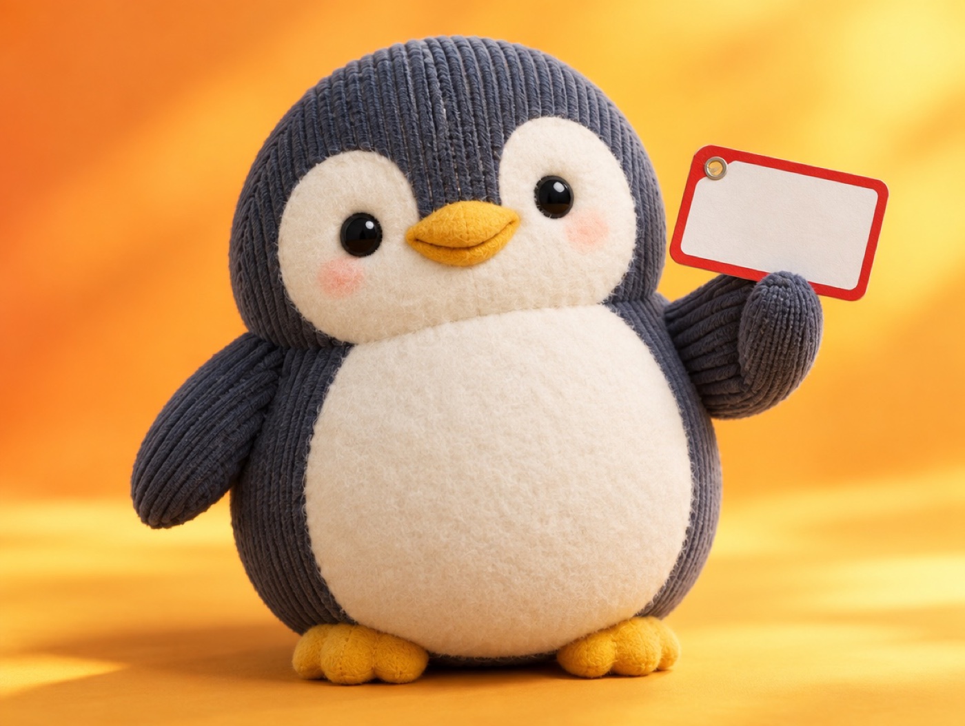 A chubby corduroy plush penguin holding a blank paper name tag and smiling