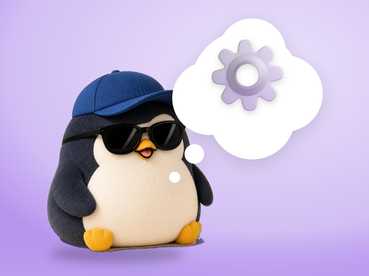 A chubby hand-embroidered felt penguin turning a crank on a real small brass gear machine with three big gears