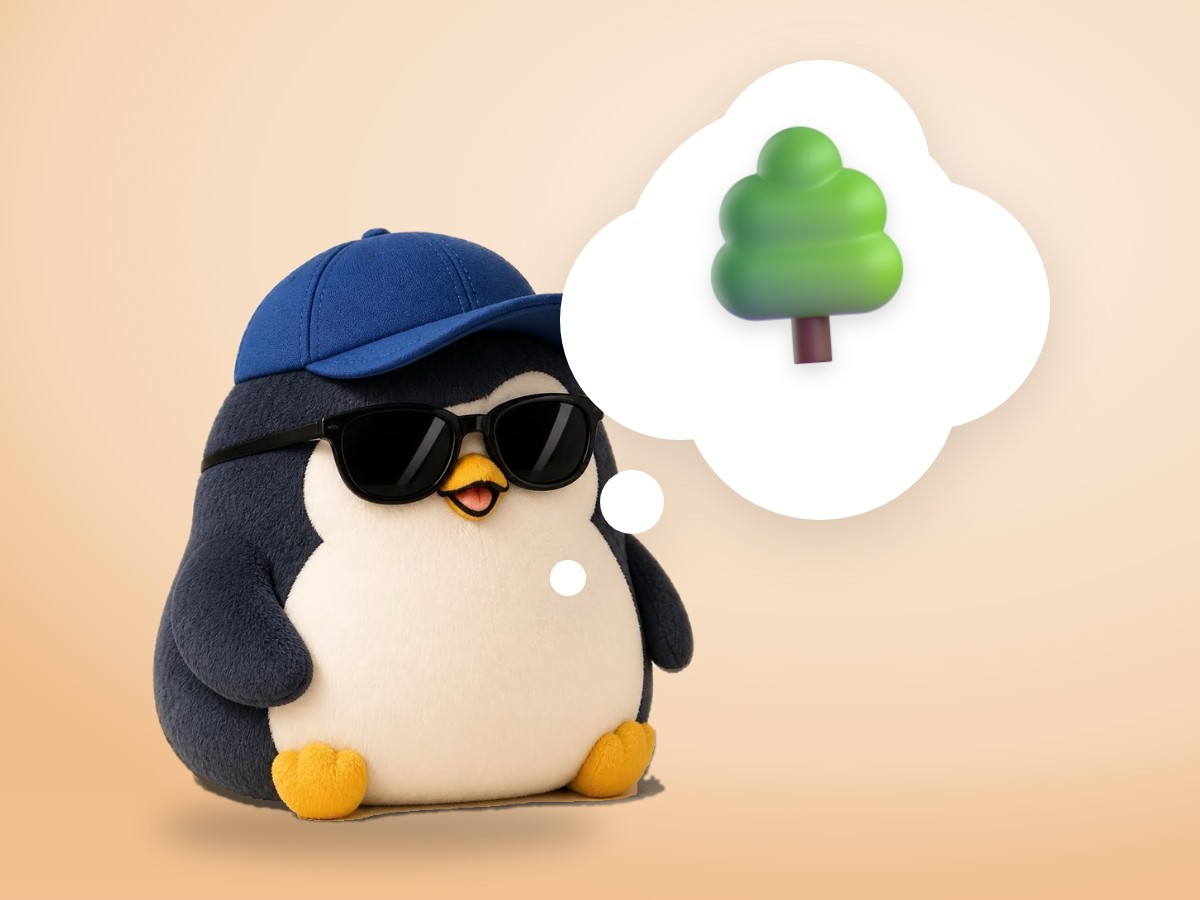 A chubby chenille yarn penguin watering a small potted tree with a real metal watering can