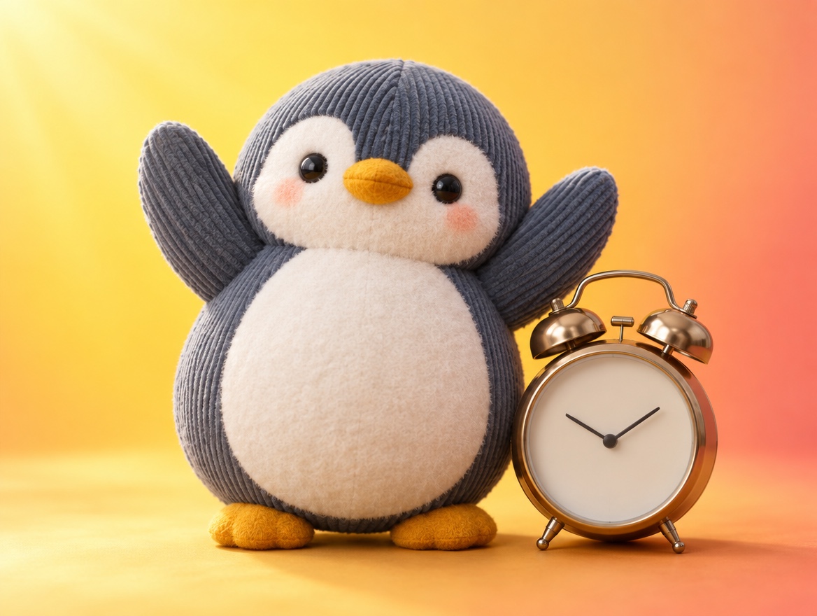 A chubby round corduroy-and-felt penguin cheerfully stretching next to a realistic retro alarm clock showing 6 o'clock