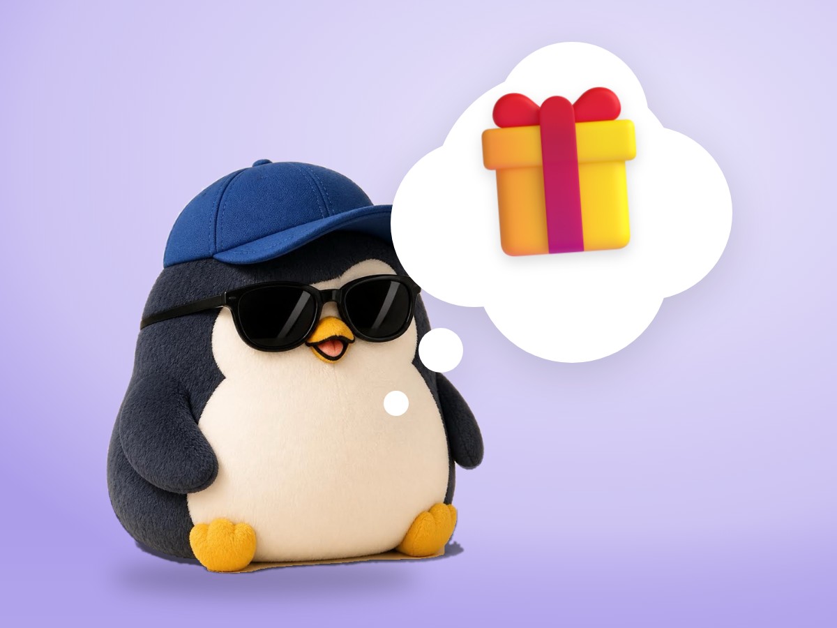 A chubby corduroy and felt plush penguin happily skipping away after leaving a real kraft paper gift box with a ribbon