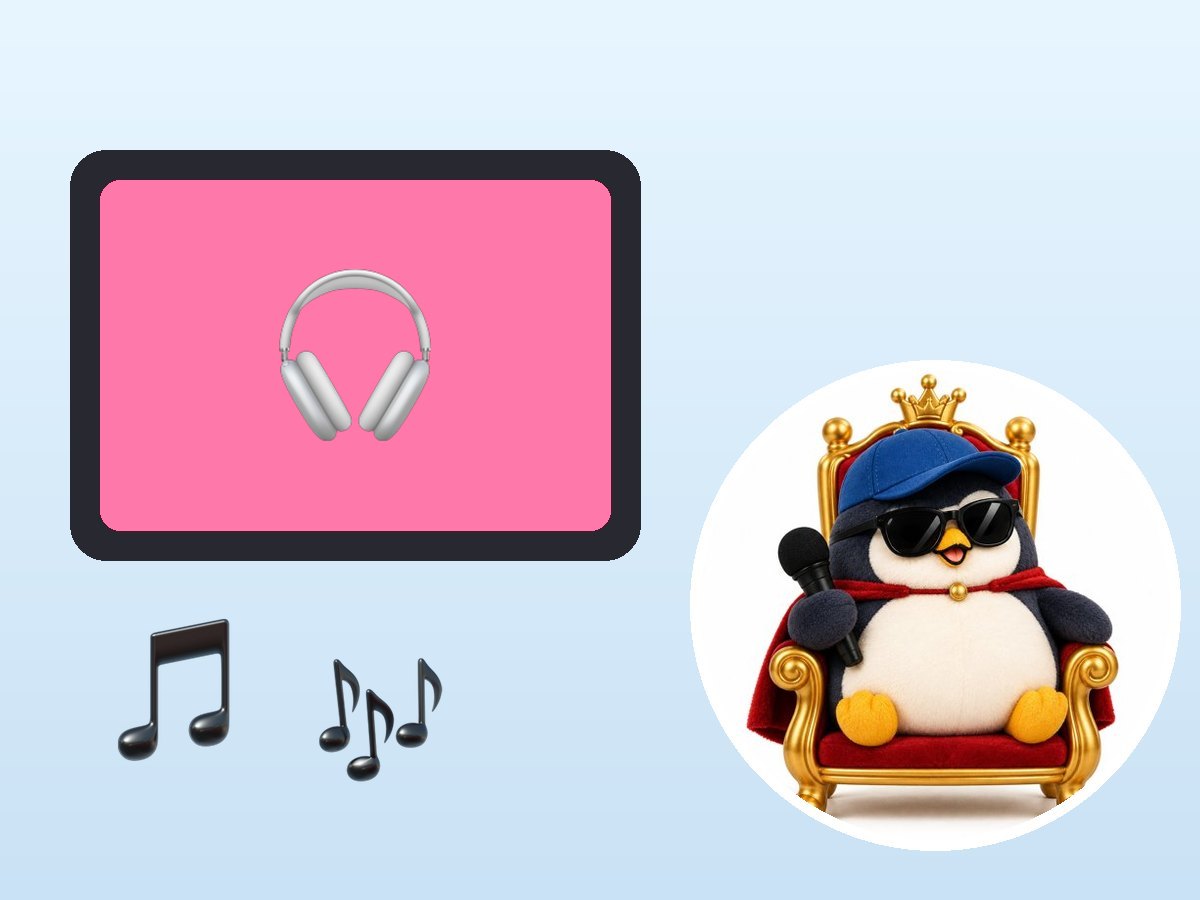 A pink screen with headphones and music notes next to a plush penguin with sunglasses on a golden throne