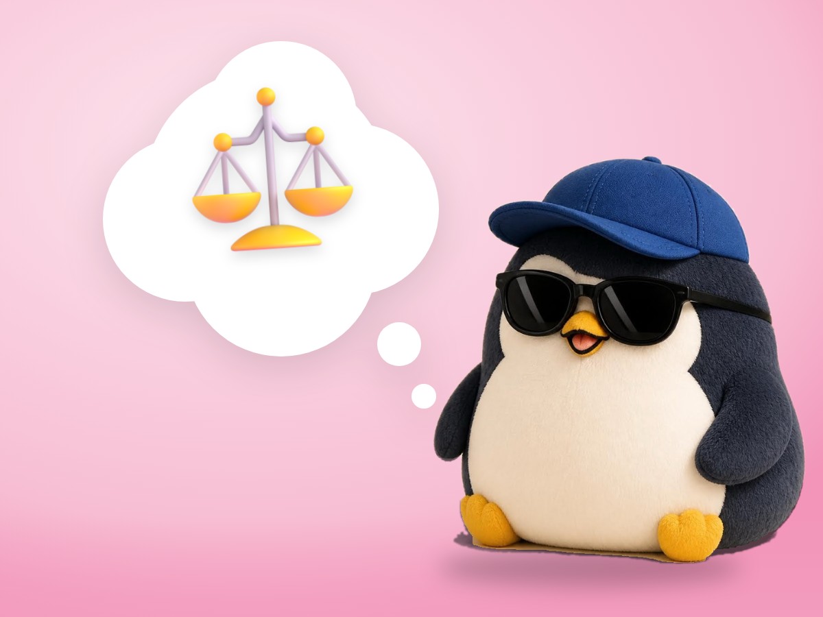 A chubby crocheted amigurumi penguin stepping onto a real bathroom scale with a small proud smile