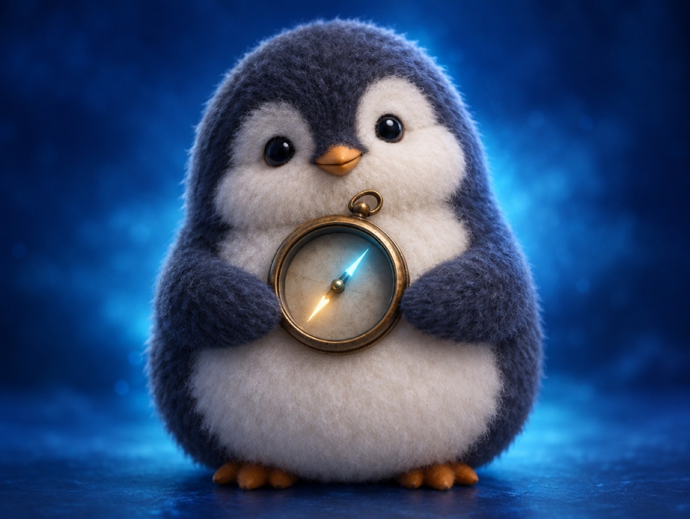 A chubby alpaca wool penguin holding a realistic brass compass with a softly glowing needle
