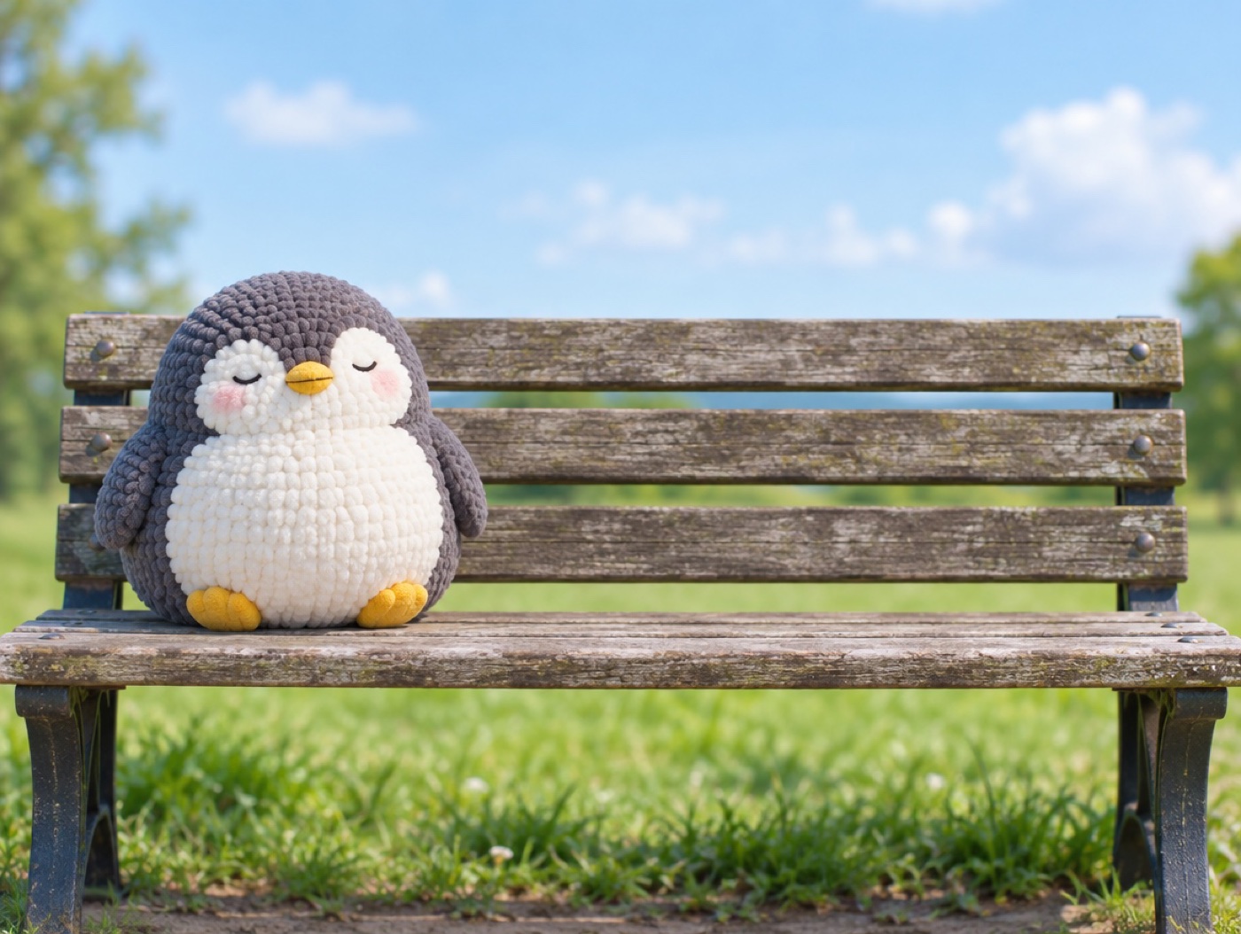 A chubby chenille yarn penguin sitting peacefully at one end of a real wooden park bench