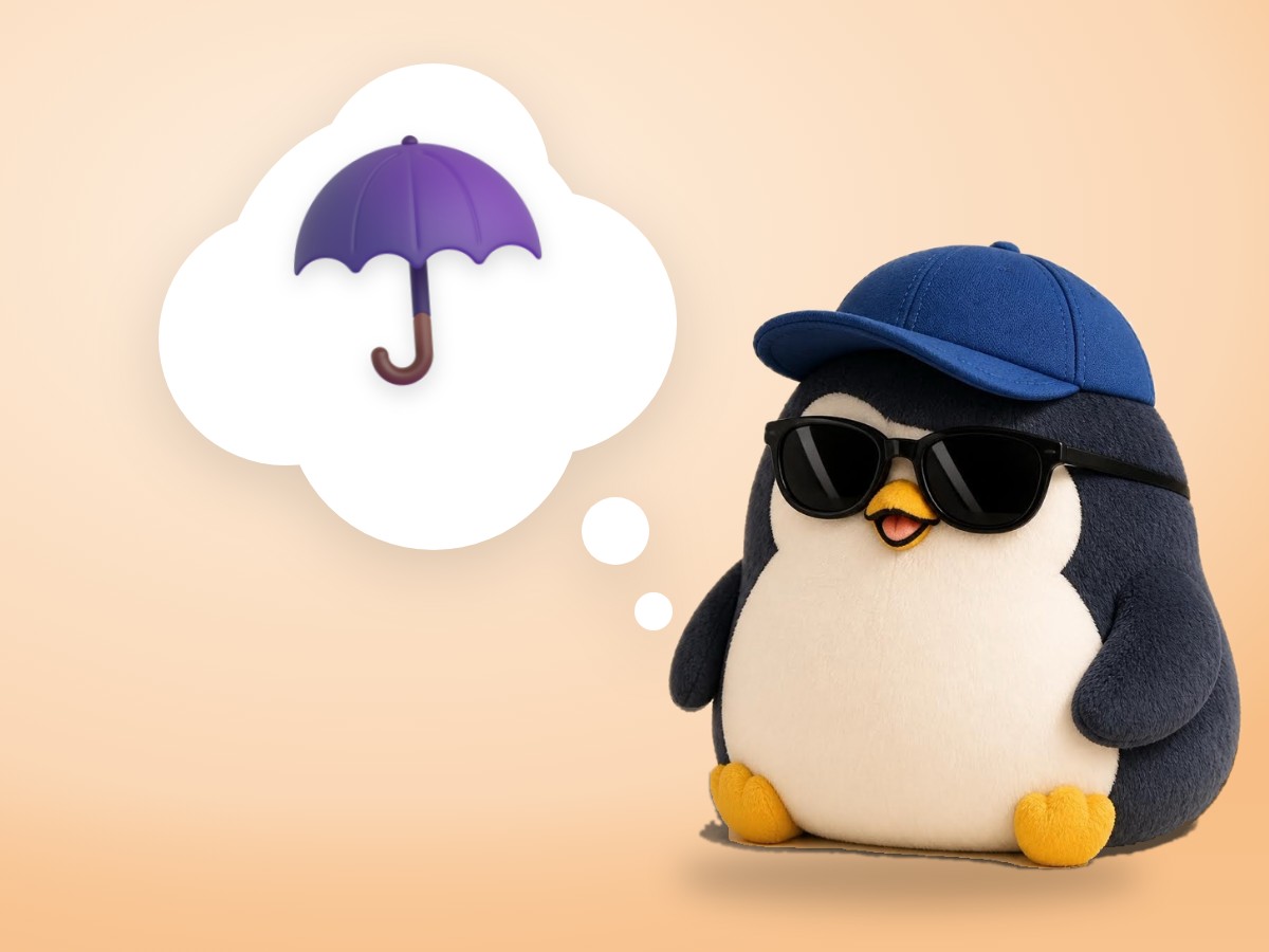 A chubby alpaca wool penguin holding a realistic folded red umbrella and smiling