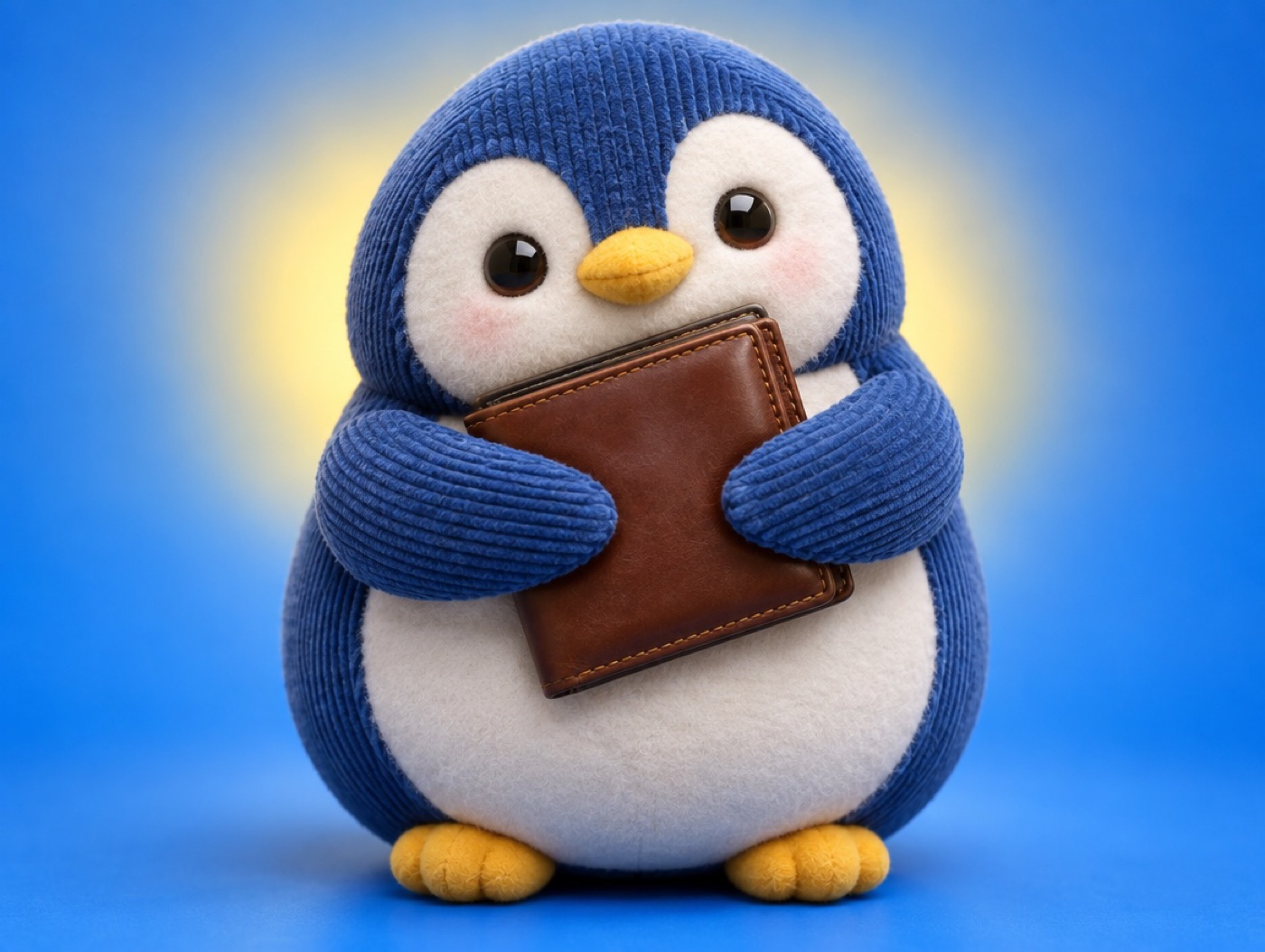 A chubby plush corduroy and felt penguin happily holding a realistic brown leather wallet