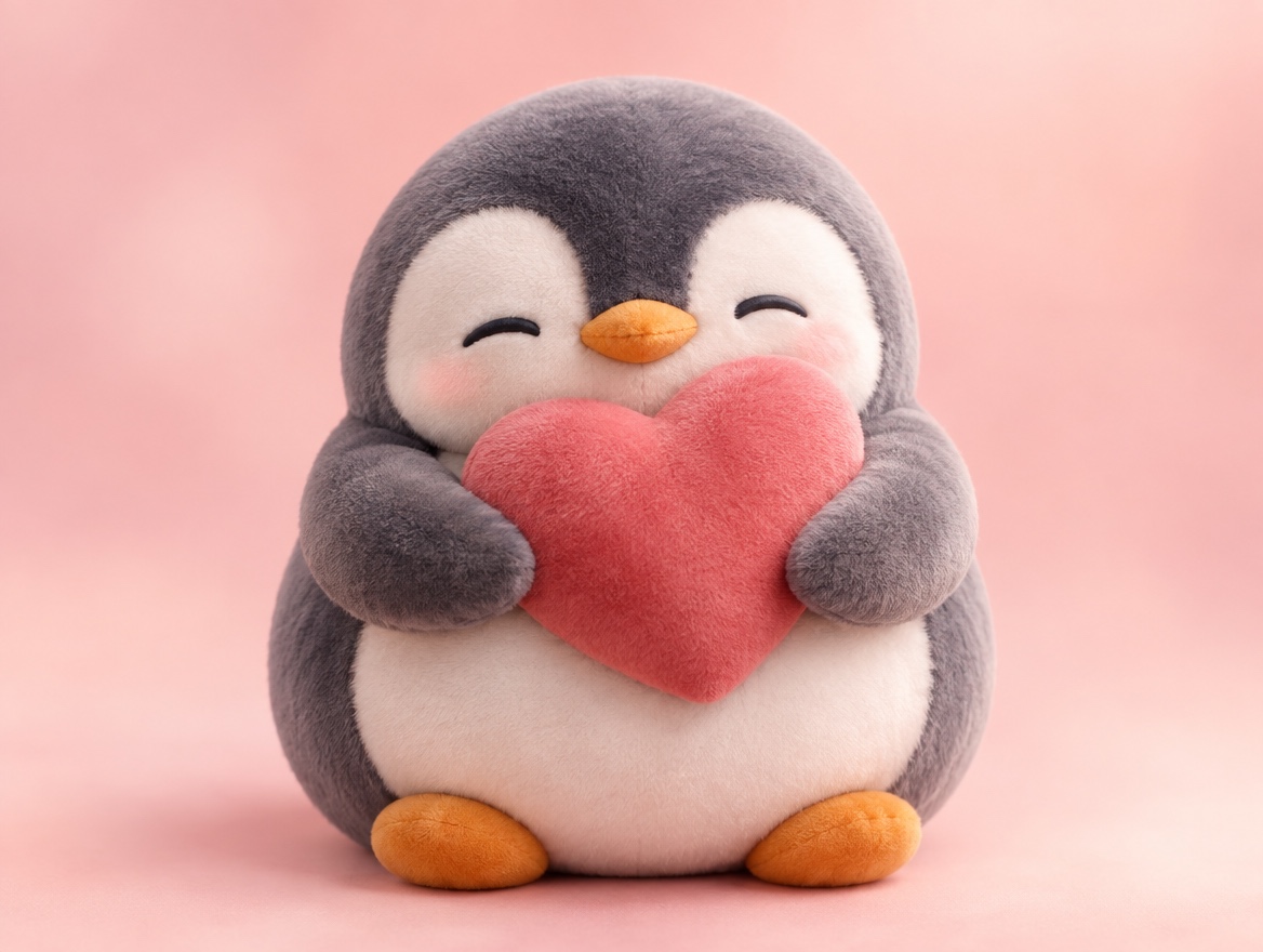 A chubby boucle wool penguin gently hugging a soft knitted heart cushion on a pastel pink background
