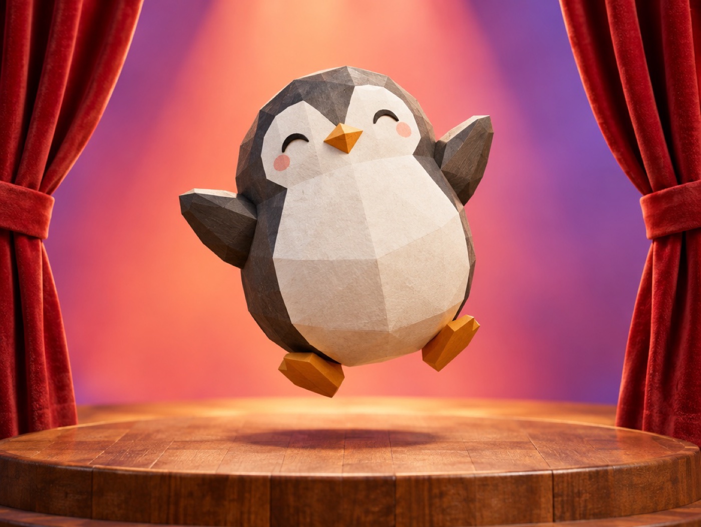 A chubby low-poly wood and paper penguin hopping happily next to a stage microphone