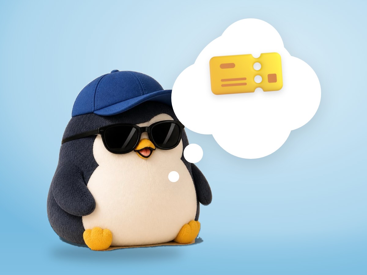 A brushed mohair penguin giving a small polite bow next to a simple realistic wooden chair