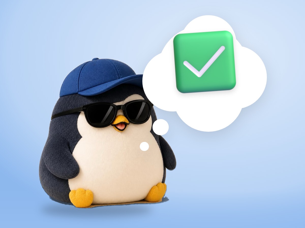 A chubby corduroy plush penguin proudly holding a small open notebook with check marks, on a warm orange background