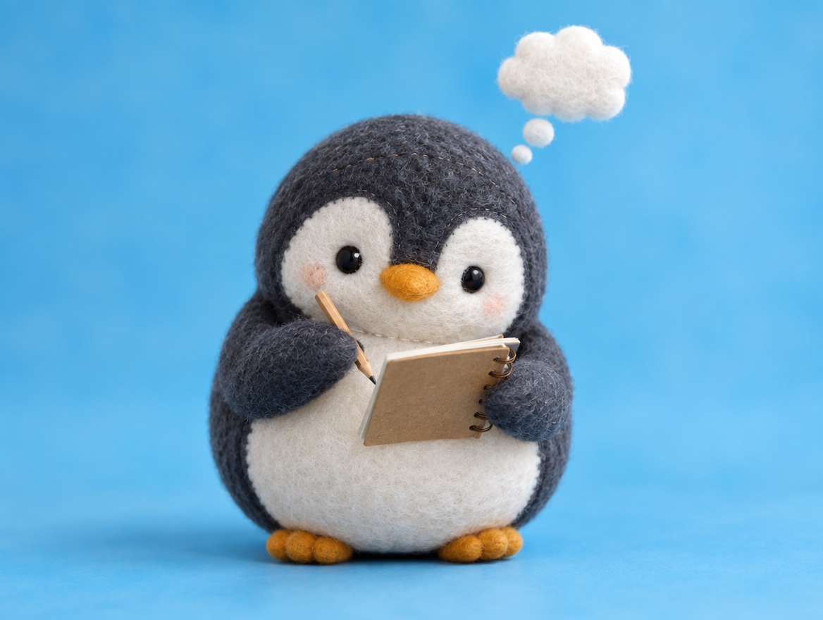 An embroidered felt penguin writing in a small kraft paper notebook with a pencil