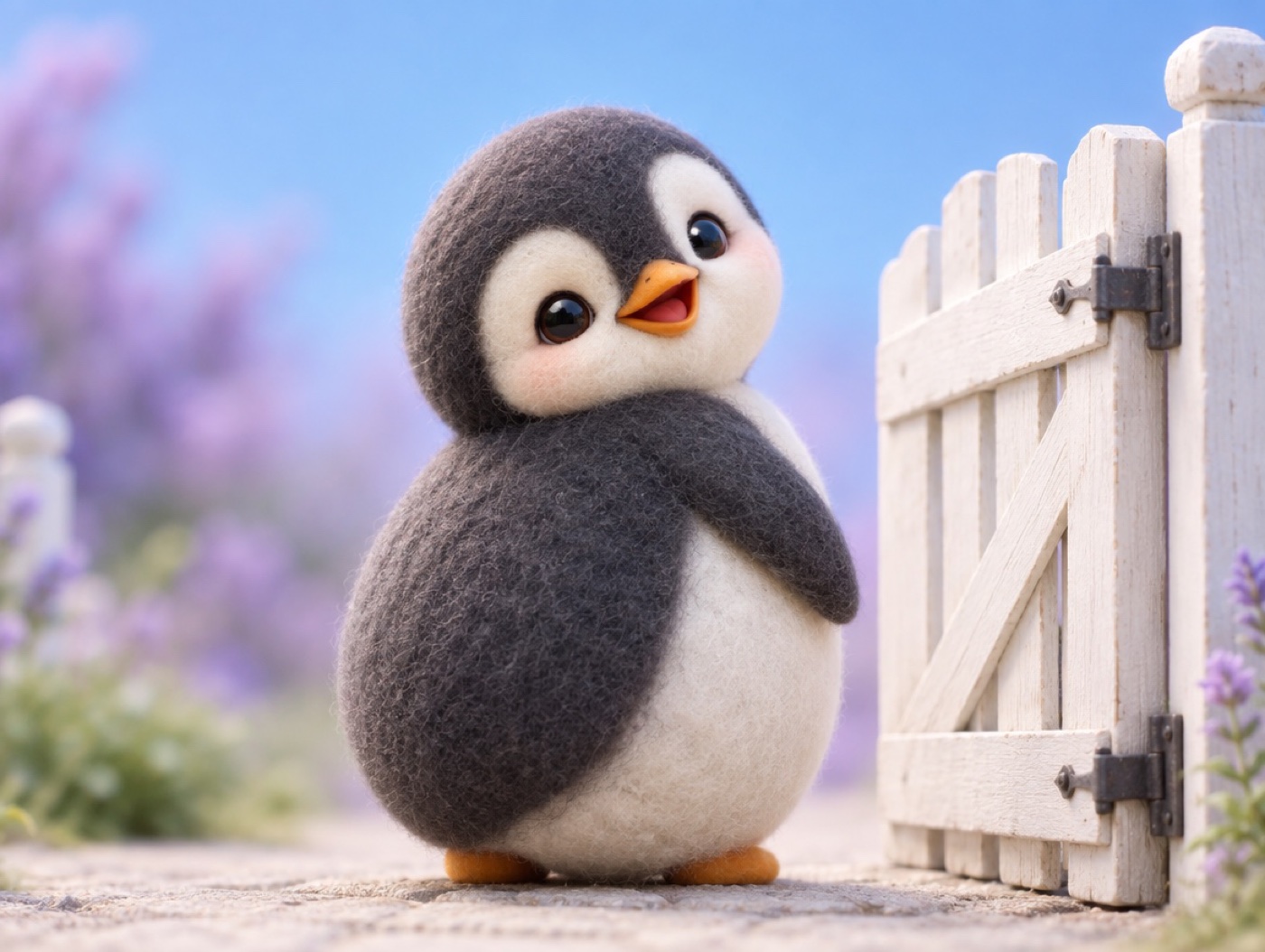 A chubby crocheted penguin smiling and looking over its shoulder next to a small garden gate