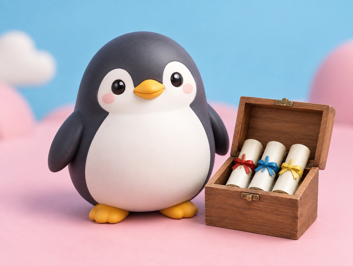 A chubby plastic model kit penguin next to a small wooden box holding 3 rolled paper scrolls tied with ribbons