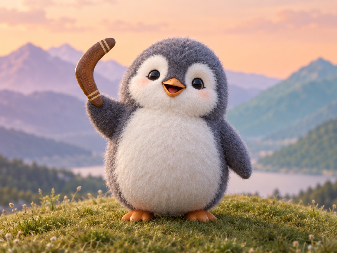 A brushed mohair penguin holding a small wooden boomerang in front of soft green mountains