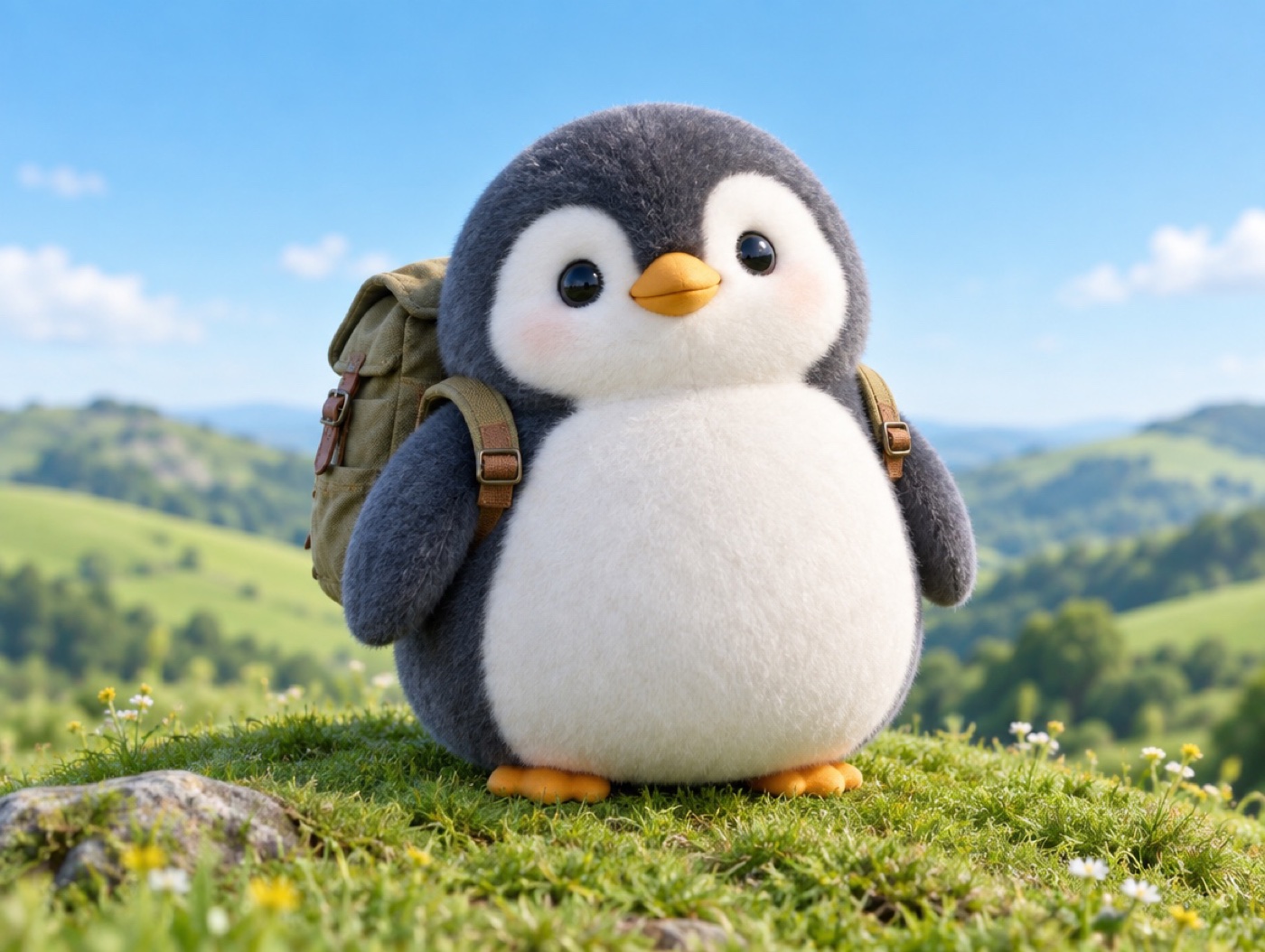 A chubby crocheted amigurumi penguin wearing a realistic small hiking backpack on a sunny hill