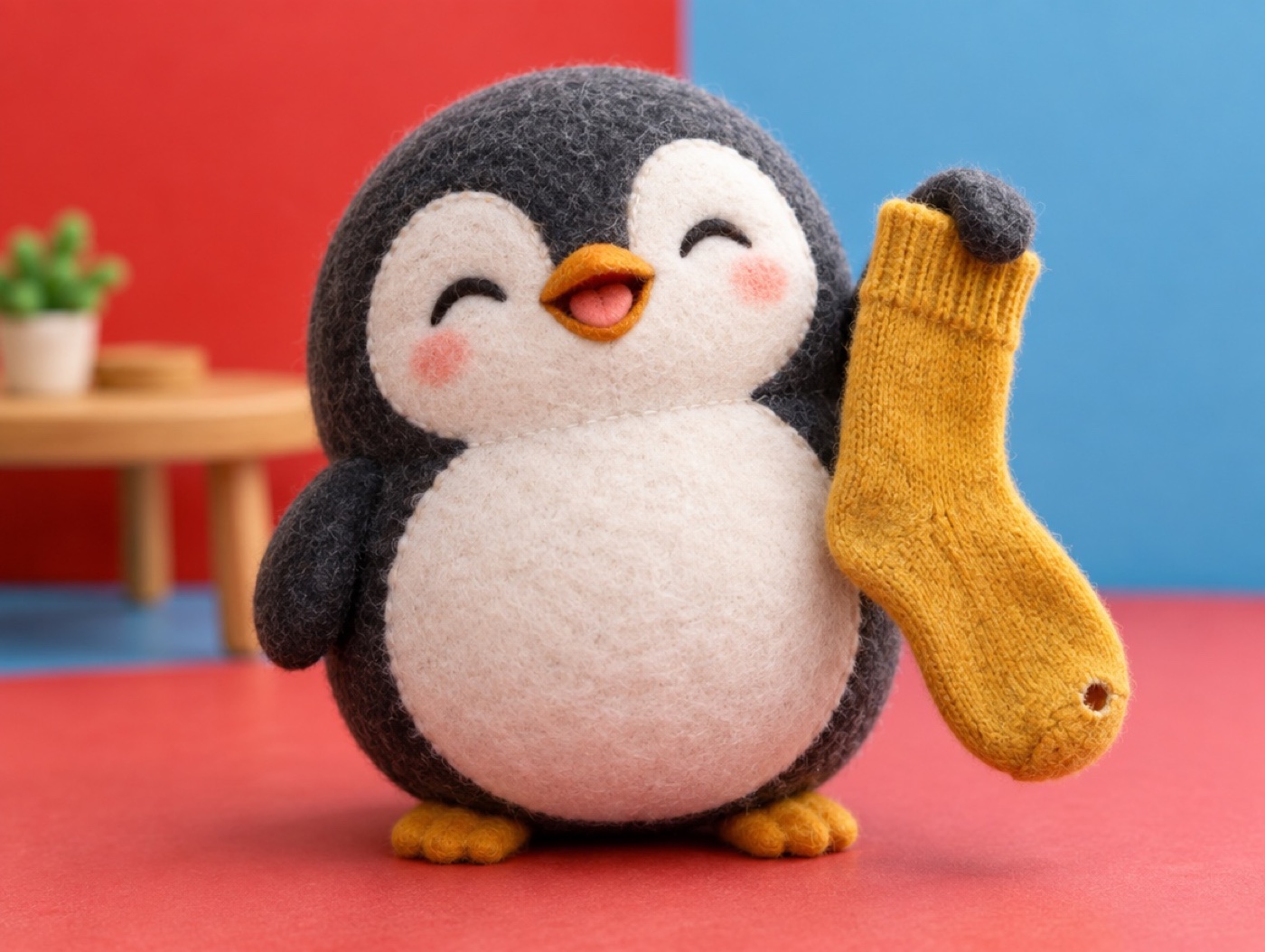 A chubby embroidered felt penguin proudly holding up a striped sock with one small hole