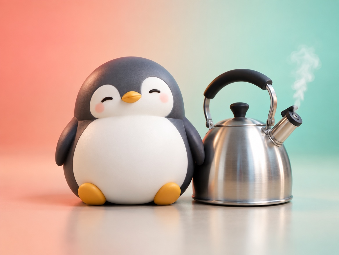A plastic model kit penguin next to a kettle letting out a small puff of steam