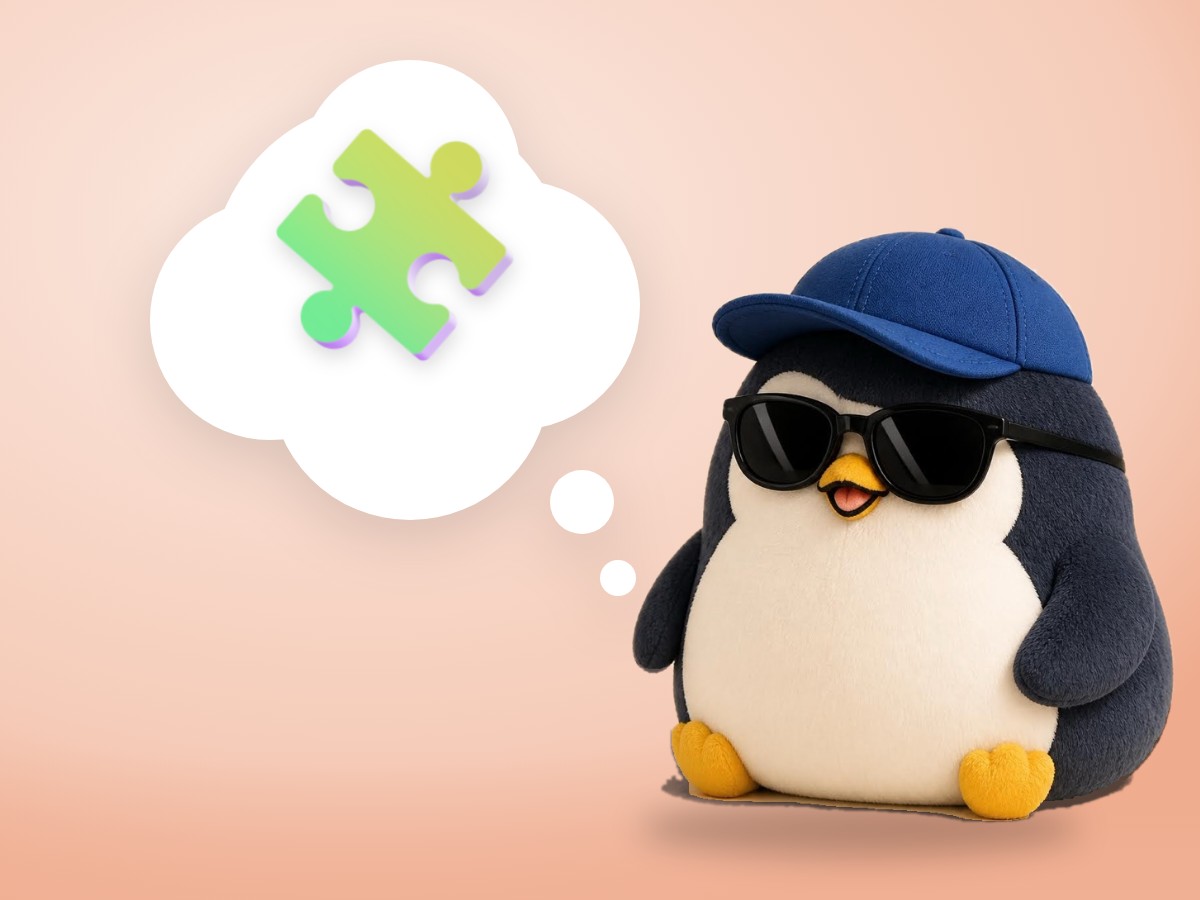 A chubby layered cut paper penguin standing in a small sunny garden beside a real wooden garden door that opens onto more flowers