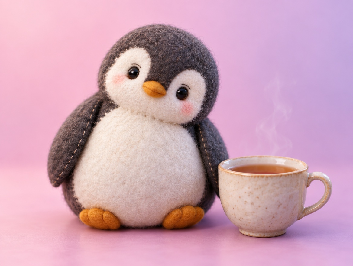 A hand-embroidered felt penguin listening kindly beside a warm cup of tea
