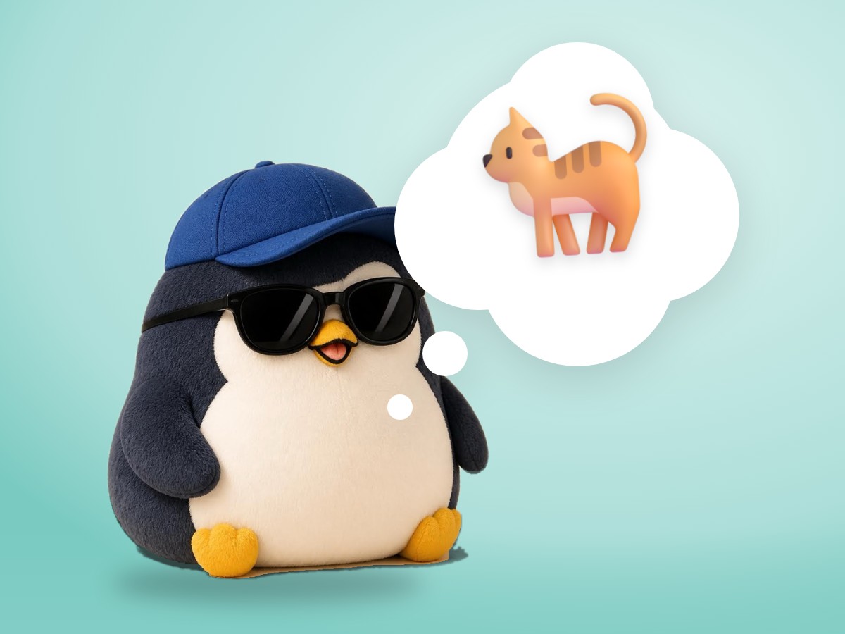 A chubby plush corduroy and felt penguin sitting on a cozy sofa and gently petting a real sleeping orange cat