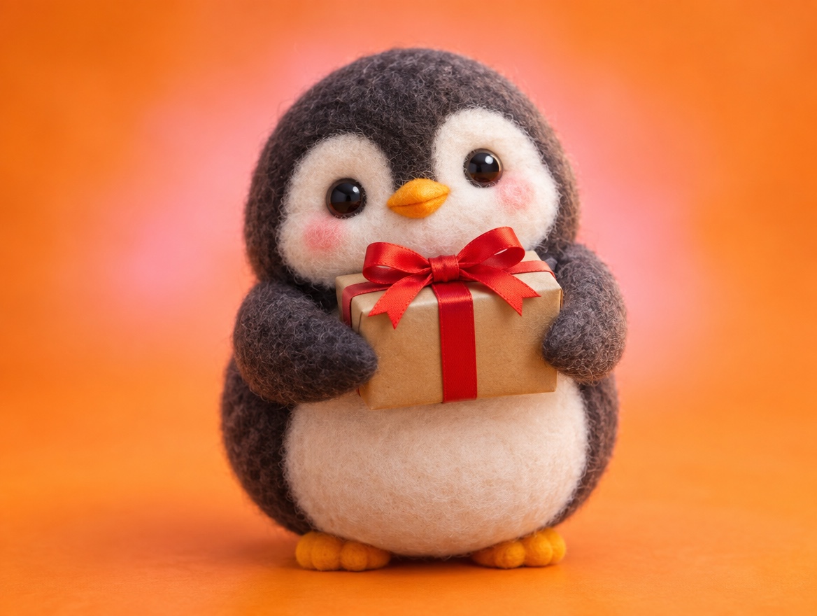 A chubby soft felted wool penguin carrying a realistic small gift box with a red satin ribbon