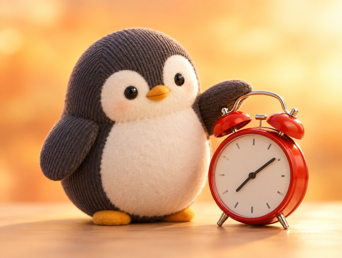 A chubby corduroy penguin setting a real twin-bell alarm clock in warm morning light