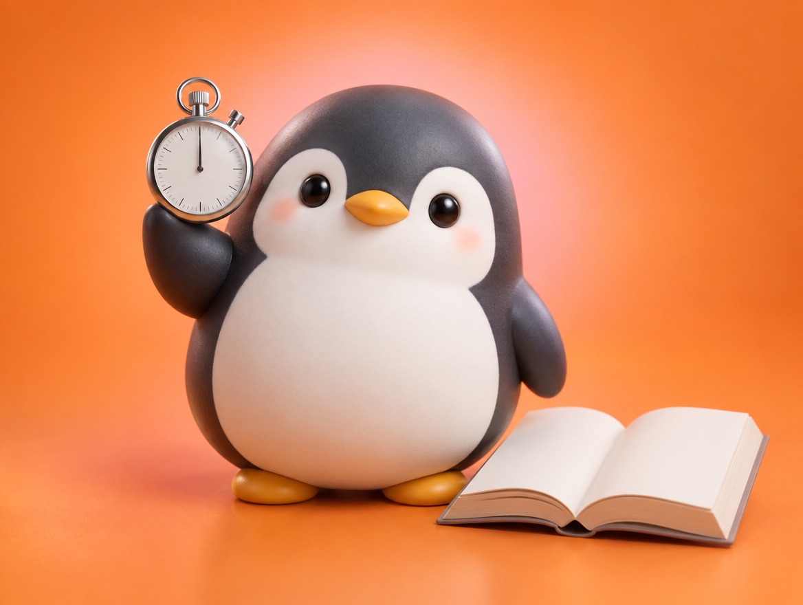 A chubby penguin built like a matte plastic model kit holding a realistic stopwatch next to an open book