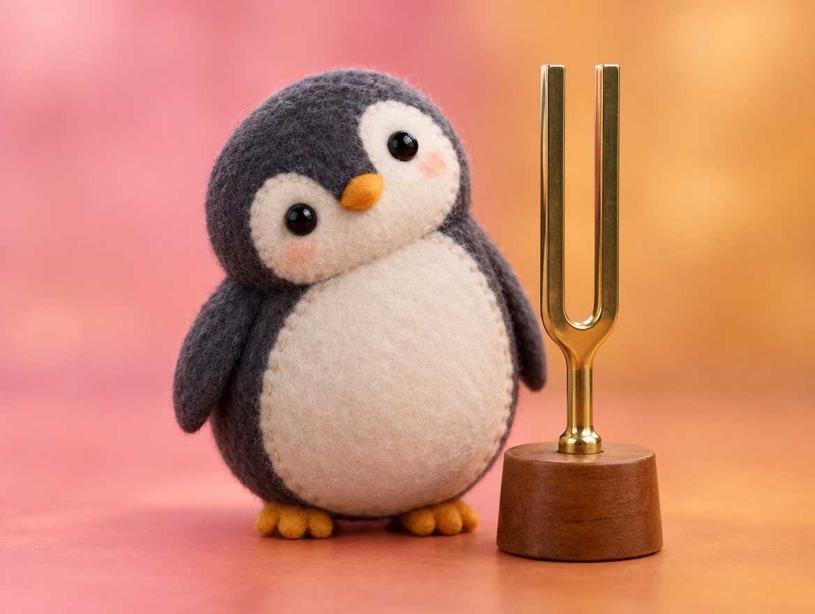 A chubby hand-embroidered felt penguin listening closely beside a shiny brass tuning fork