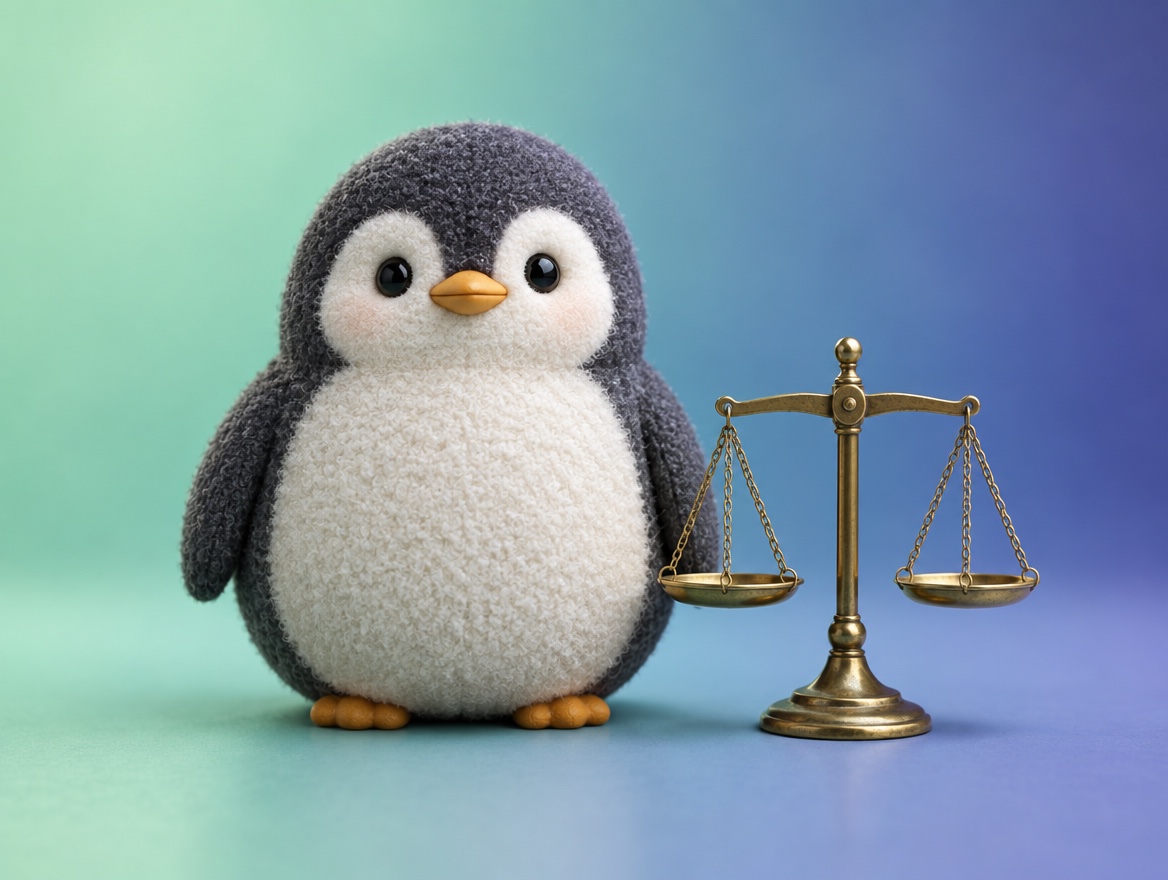 A boucle wool penguin standing next to a small brass balance scale