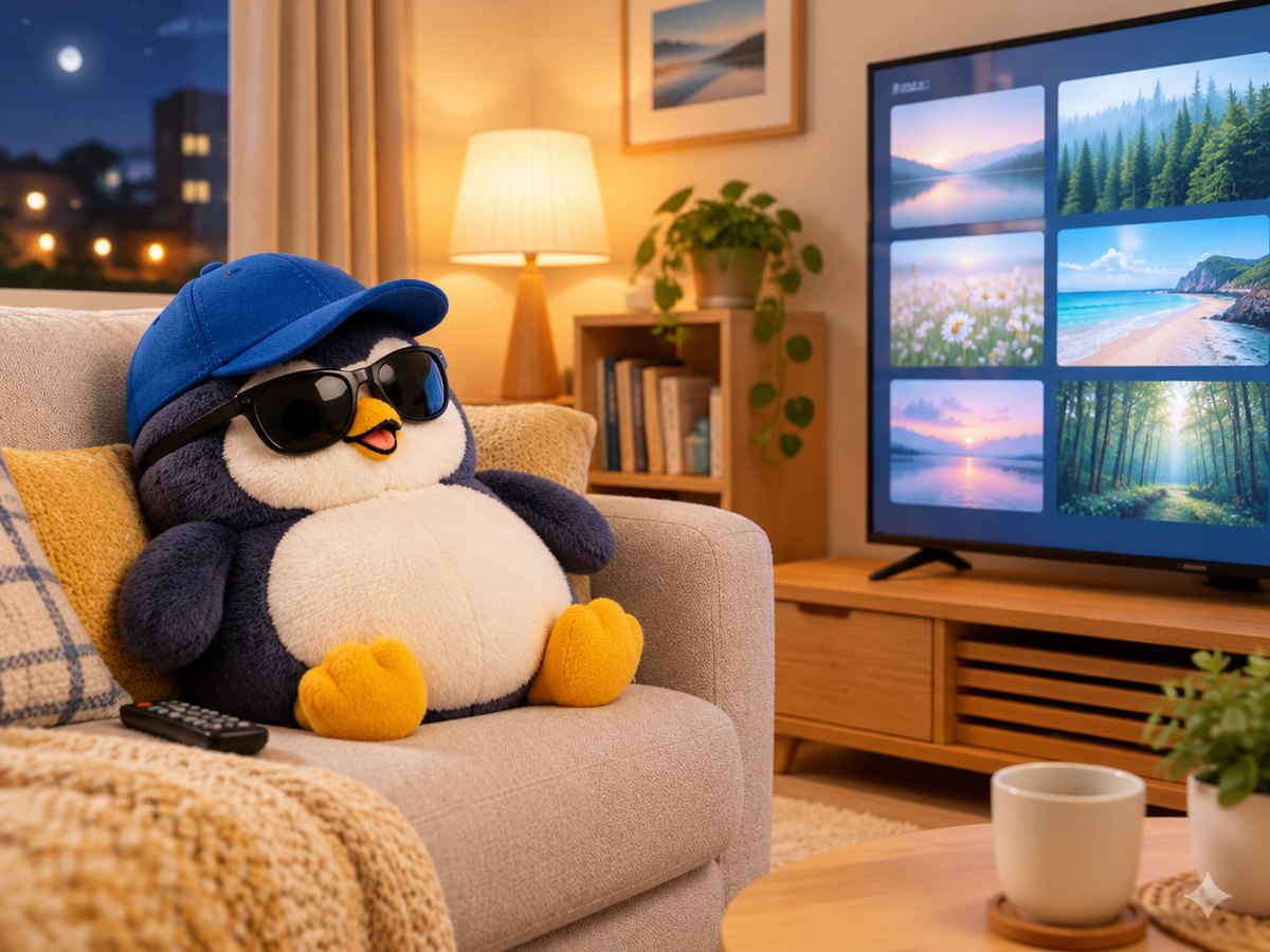 A navy plush penguin with a blue cap and sunglasses relaxing on a sofa in front of a TV with calm video thumbnails