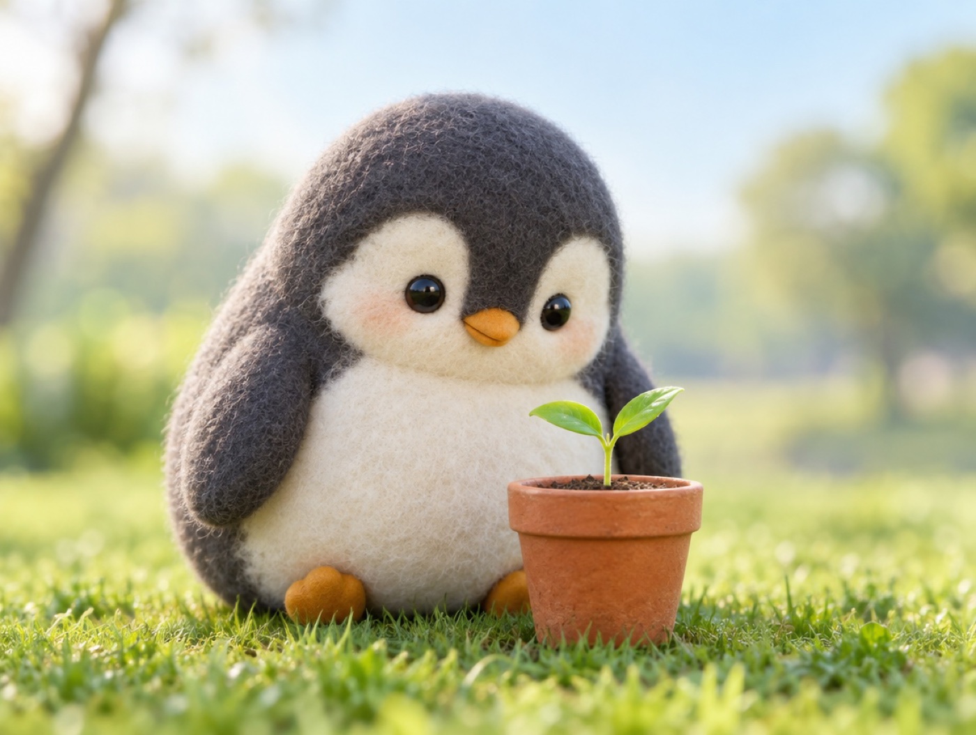 A cute felted wool penguin sitting on grass next to a real terracotta pot with a fresh green seedling