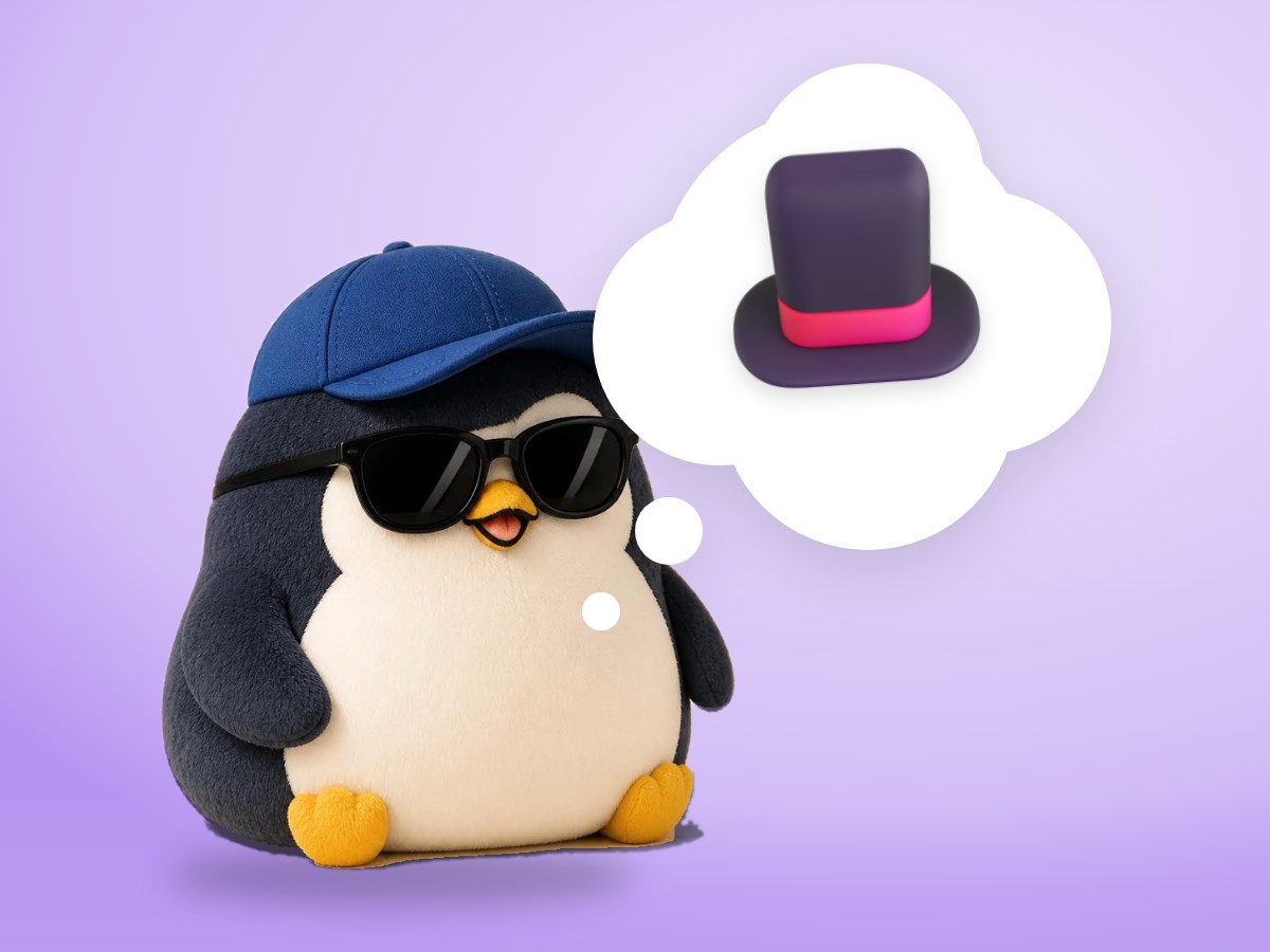 A chubby hand-embroidered felt penguin peeking into a real black magician's top hat with a curious face