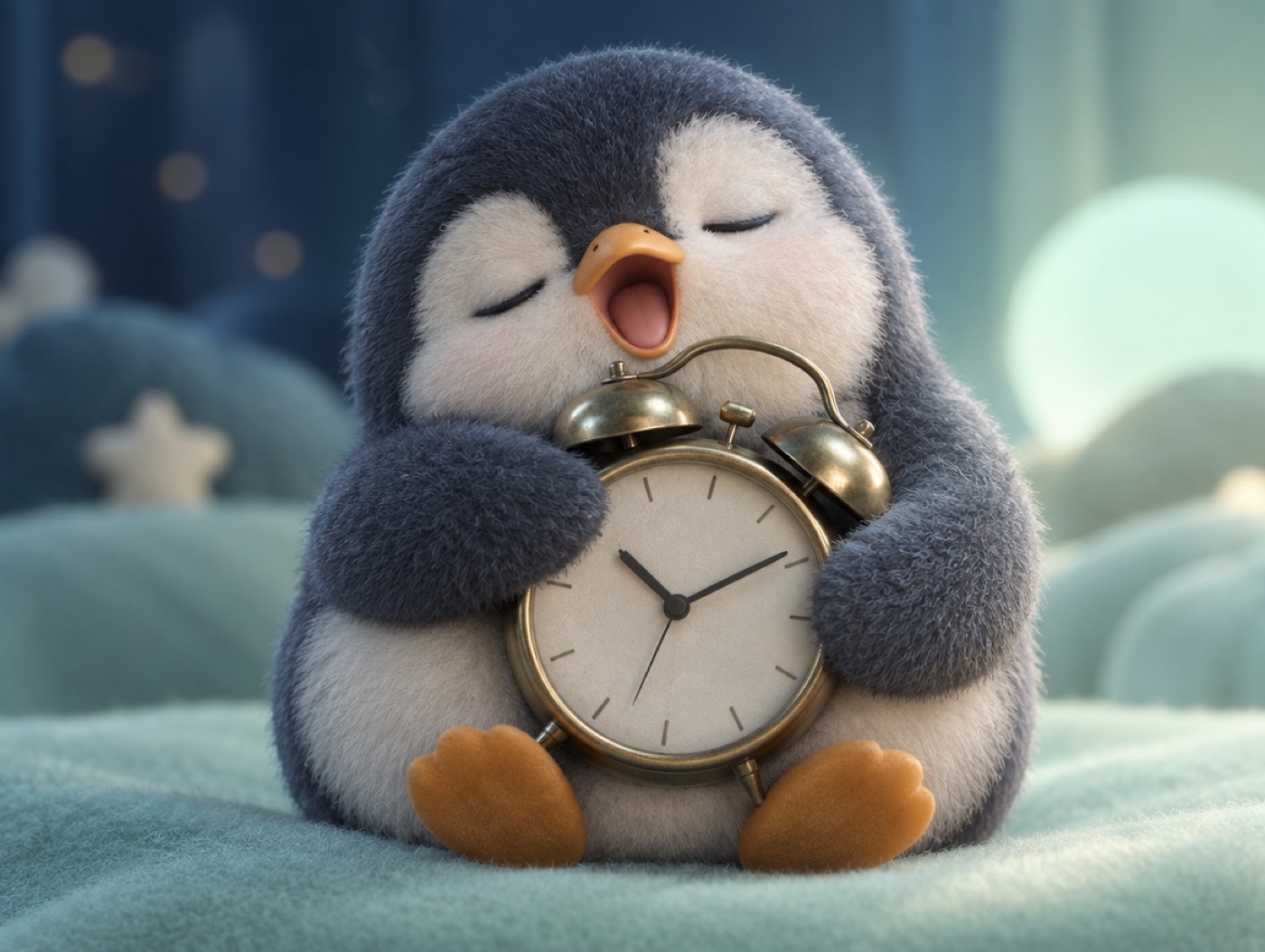 A chubby brushed mohair penguin hugging a twin-bell alarm clock and yawning