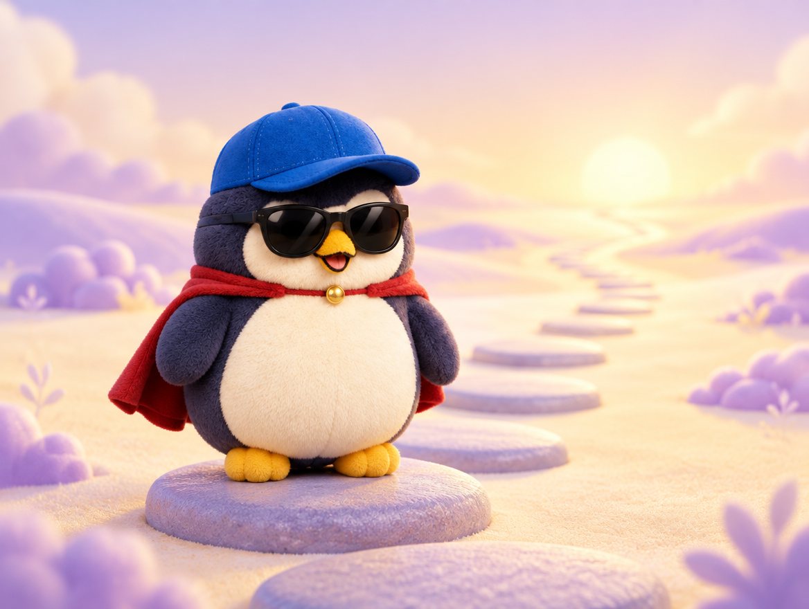 A navy plush penguin with a blue cap and sunglasses standing on one round stepping stone, with a long path of stones behind it