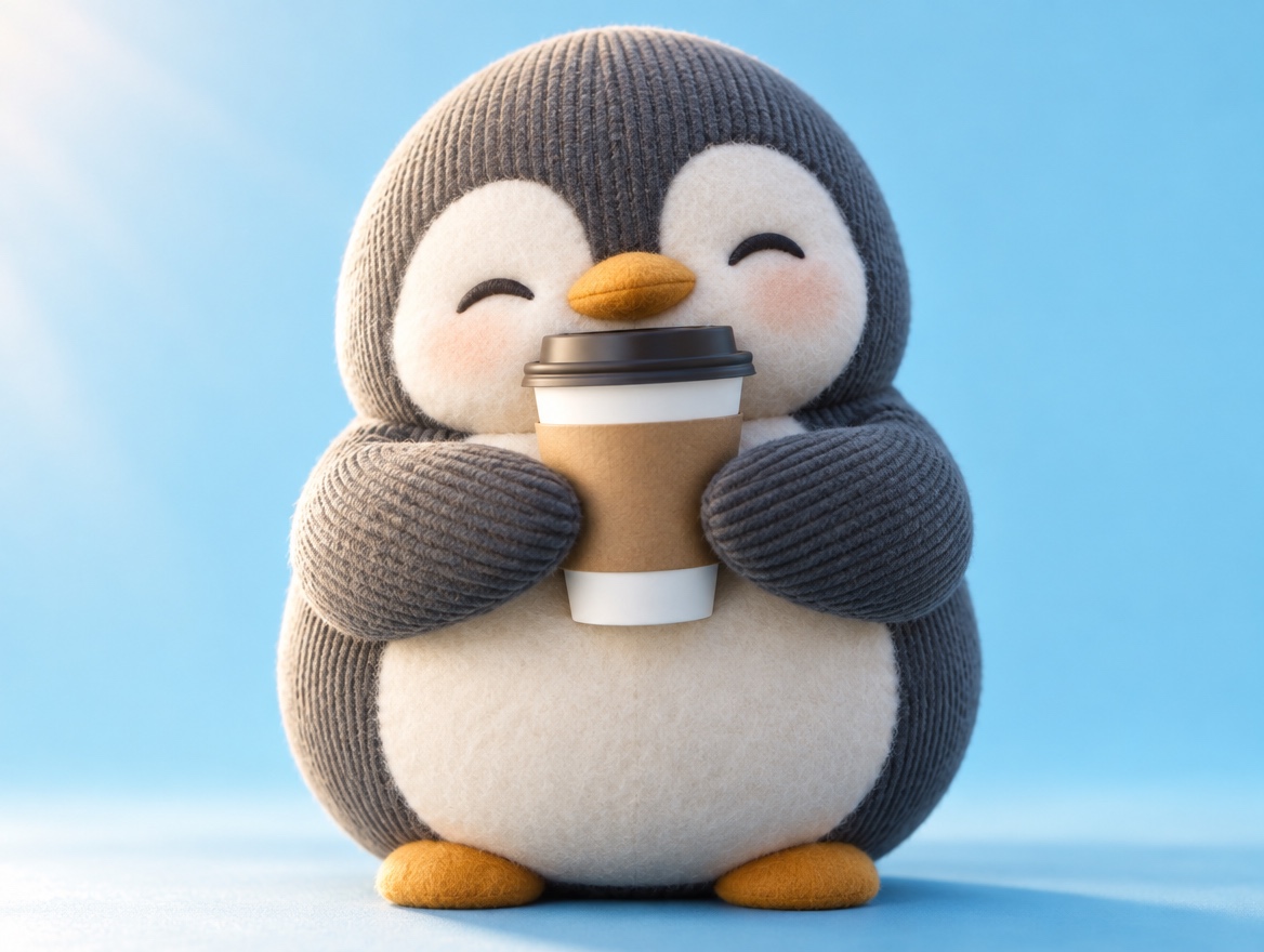 A corduroy plush penguin gently holding a takeaway coffee cup with a cardboard sleeve