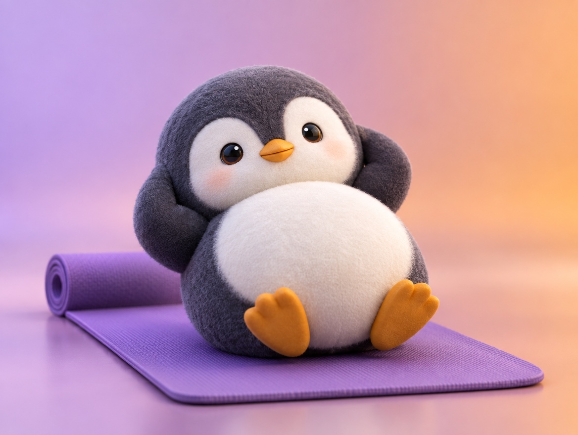 A chubby round boucle wool penguin doing a tiny sit-up on a realistic rolled-out purple exercise mat